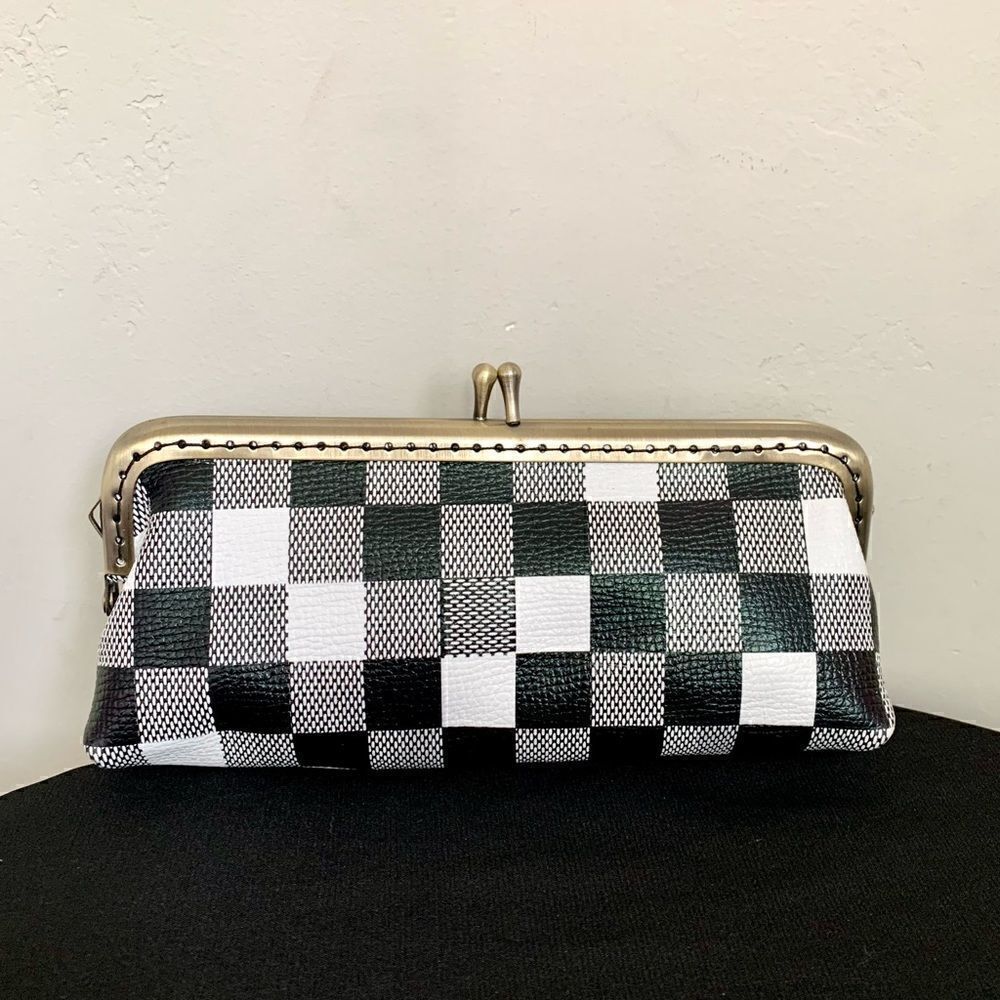 Handmade Genuine Leather Checker Embossed Kiss-lock  Small Clutch/Cosmetics Case